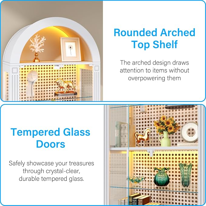 kepptory 71" Arched Display Cabinet with Glass Doors and LED, 5-Tier Curio Cabinet with Roman Line Design and Pegboard, Glass Display Case China Cabinet for Collectibles, Black