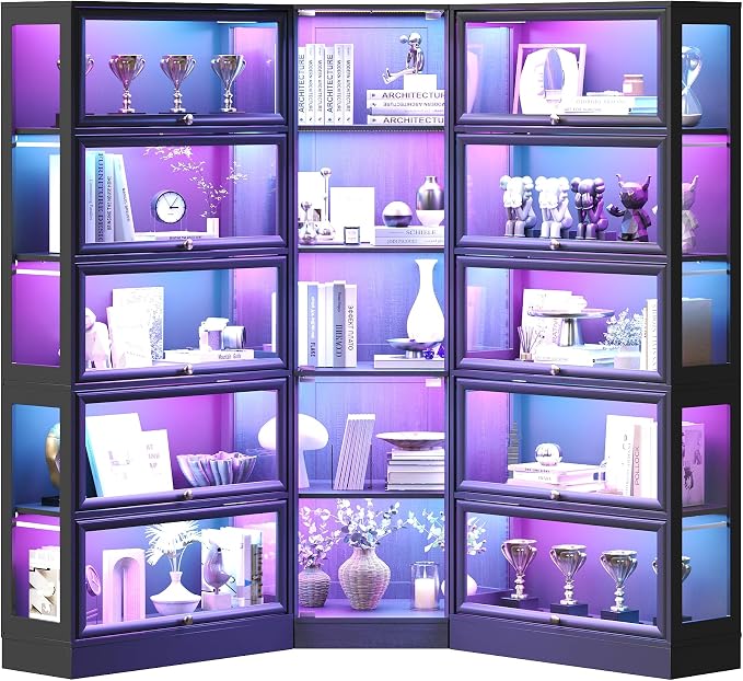 Corner Display Cabinet with Glass Doors, 5-Tier Curio Cabinets with RGB Lights, 71" Display Case with Wood Shelves for Collectibles, Black