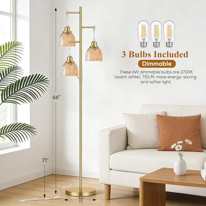 ROTTOGOON Dimmable Gold Floor Lamps for Living Room, Vintage Tree Standing Lamp with Glass Shades, 3 Light Mid Century Flower Floor Lamps for Bedroom, Office, 6W, Brushed Gold & Amber Shades