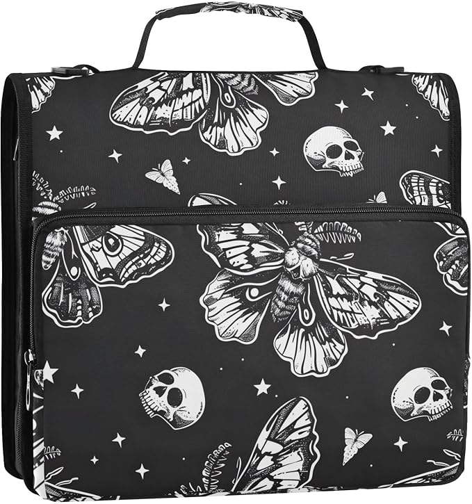 3 Ring Zipper Binder with Shoulder Strap Skull Moon Moth Black Skeleton 1.5 inch Binders Keeper Large Capacity Multi Pockets for School Office Supplies