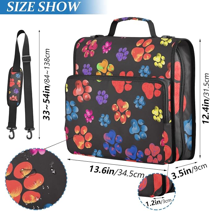 Fisyme Rainbow Dog Paw Print Zipper Binder 3 Ring with Zipper and Shoulder Strap Large Capacity Multi-Pocket Zipper Binder Organizer