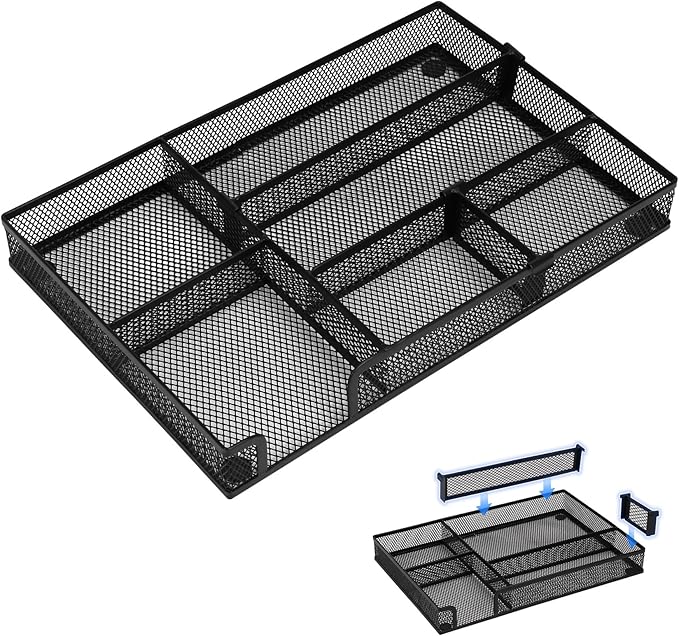 Desk Organizer, Desk Drawer Organizer Tray with Adjustable Dividers, Black Desktop Metal Mesh Office Desk Organizer, Stackable Multifunctional Pen Organizer for Office School Home Makeup Supplies (1)