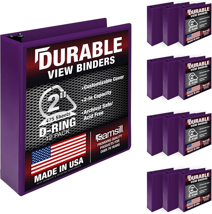 Samsill Durable 2 Inch Binder, D Ring Binder, Customizable Clear View Cover, Purple, 12-Pack, Holds 475 Pages