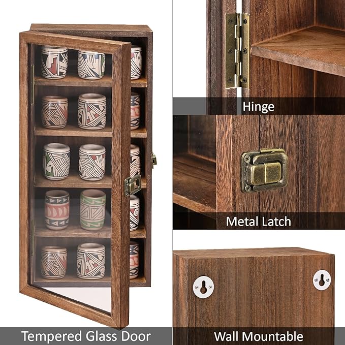 Ikee Design Wood 5 Shelf Wall-Mounted Case Display,Tempered Glass Door | Wall Mounted Wooden Collectible Display Case 5 Shelf Display Storage Accessories with Tempered Glass Door, Brown Color