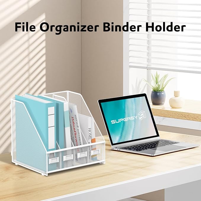 4-Compartment Magazine File Holder and File Organizer for Desk, White | Metal Magazine Holder and Magazine File Holder, 4-Compartment File Organizer for Binders Folders Magazines and Paper