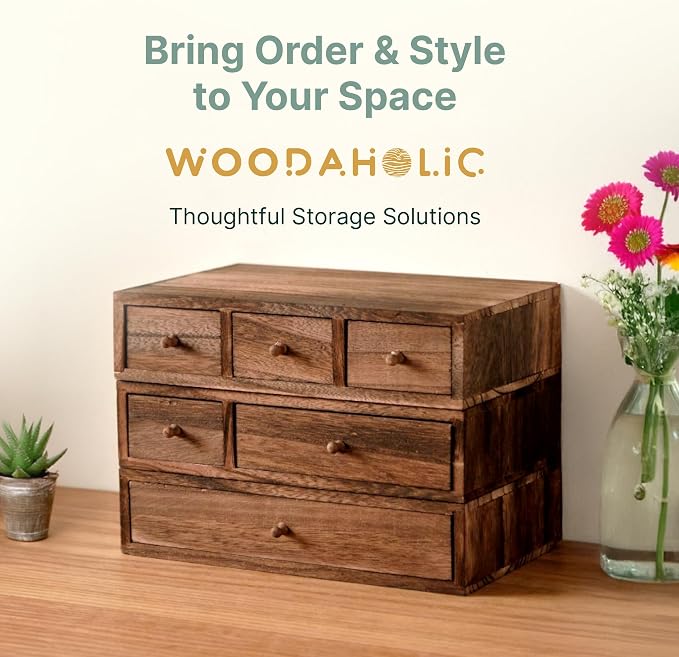 Stackable 3-Piece Set - Wood Desk Organizer with Drawers – Desktop Organization for Office, Crafts, Makeup, Sewing, Emboridery DMC Floss & Small Accessories – Rustic Storage Box with 6 Slots