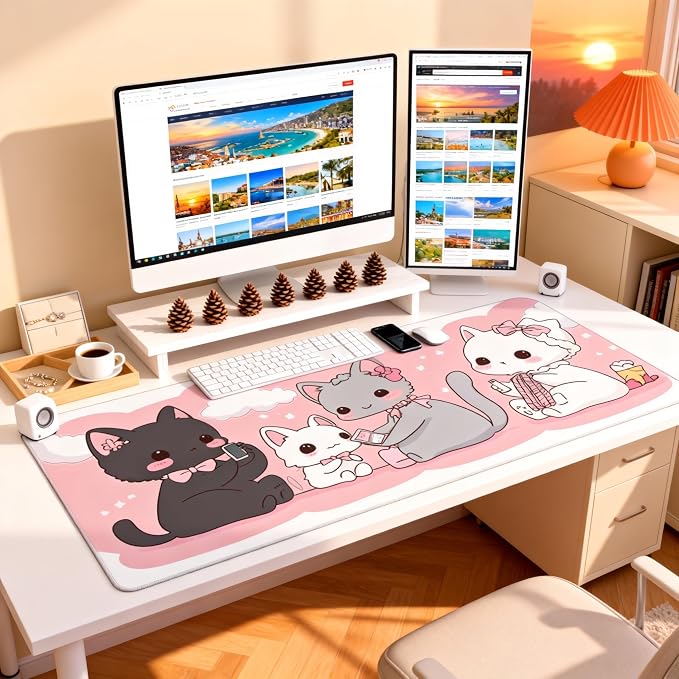 Cute Anime Cats Gaming Mouse Pad, Pink Kawaii Desk Mat with Anti-Slip Base & Stitched Edges,35.4" x 15.7" in Desk Accessories for Women, Home Office Decor & Artistic Gift