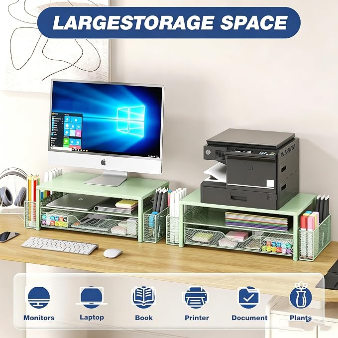Desk Organizers and Accessories, Computer Monitor Stand Riser with Drawer and 2 Pen Holders, Printer & Laptop Stand, Office Desk Accessories & Workspace Organizers for Home Office Supplies, Green