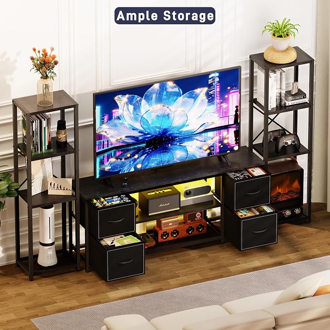 Yenlure LED TV Stand Bookshelf Combo with Charging Station for 65 60 55 Inch TV, Entertainment Center with Lights & Drawers, Industrial Media TV Console Table for Living Room Bedroom Office, Black