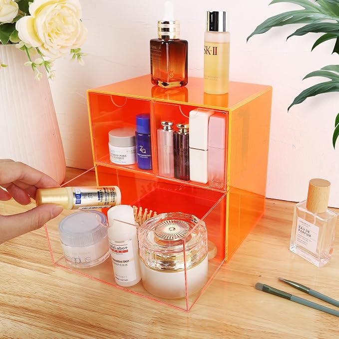 Gelite Desk Organizer with 3 Storage Drawers for Makeup Office Acrylic Desktop Drawer Organizer for Vanity Office Organization and Storage Box, Neon Orange