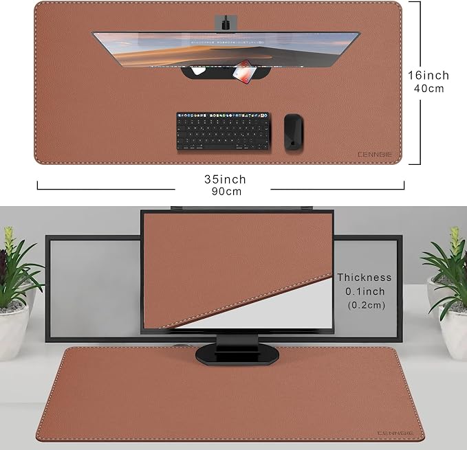 CENNBIE 35.5" x 16" Leather Desk Mat, Computer Mouse Pad for Office(Brown) | Premium Stitched Edges Resist Wear. Waterproof, Non-Slip & Easy To Clean. Protects Desk From Scratches. For Office & Home.