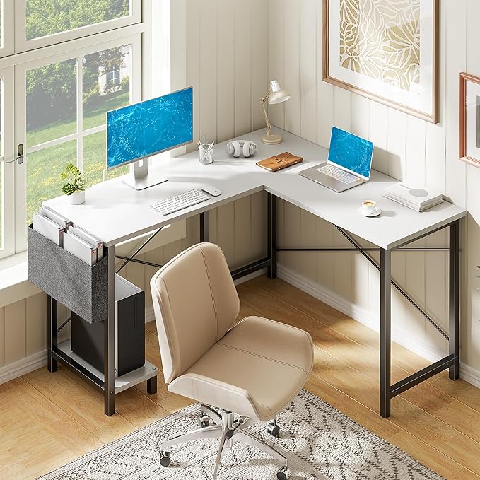 Alpen L Shaped Gaming Desk, Small Computer Desk, 50 Inch Wide Corner Desk, Work from Home Desk, Study Table for Bedrooms, PC Writing Table with Storage and Reversible Shelf, White