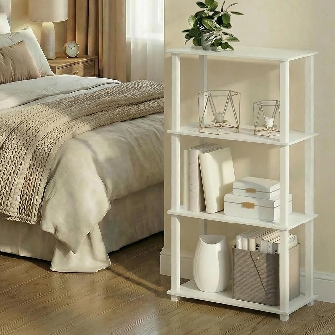 Furinno Turn-S-Tube Storage Shelves, 4-Tier Book Shelf, Corner Shelf, Toolless Open Frame Standing Shelves, for Organization and Storage, Living Room, Garage, Home Office, White