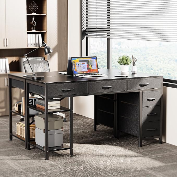 Huuger Computer Desk with 6 Drawers, Office Desk with Shelves, Reversible Gaming Desk, Corner Desk with Storage, Work for Home Office, Study, Living Room, 47inch, Black