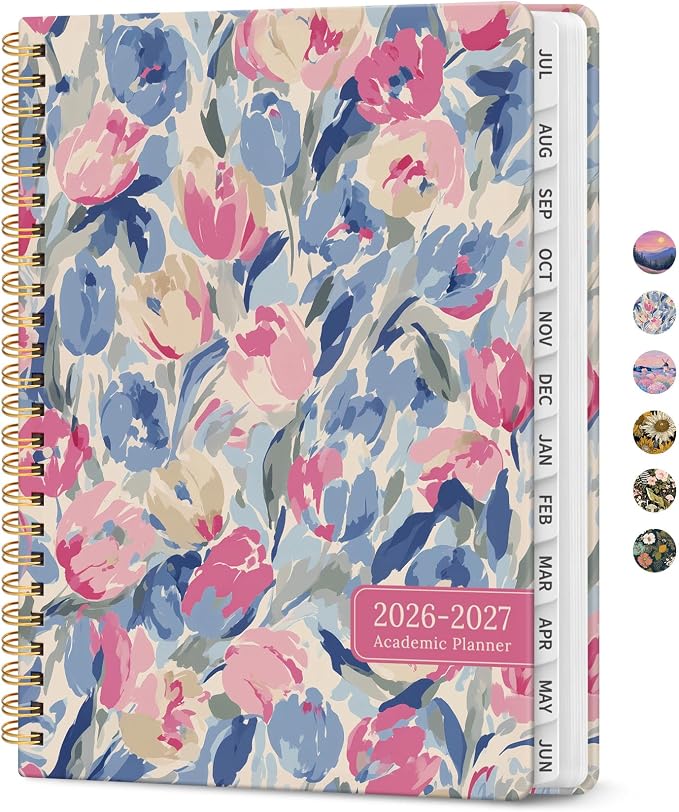 Taja Planner 2026-2027, Jul 2026-Jun 2027 Monthly & Weekly Calendar Planner | 6.3" x 8.5", Hardcover Academic Calendar, Teacher Student Agenda Book with Tabs, School Office Supplies, Soft Blossoms
