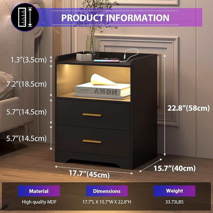 dnbss RGB Nightstand with Charging Station, Smart Bedside Table, Black | LED Night Stand, 2 Drawers, 1 Compartment, Human Body Sensor, Modern End Side Table for Bedroom Living Room Office Storage