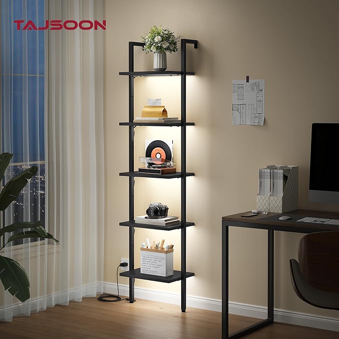 5 Tier Ladder Bookshelf with Light, Wall Mounted Ladder Shelf Black