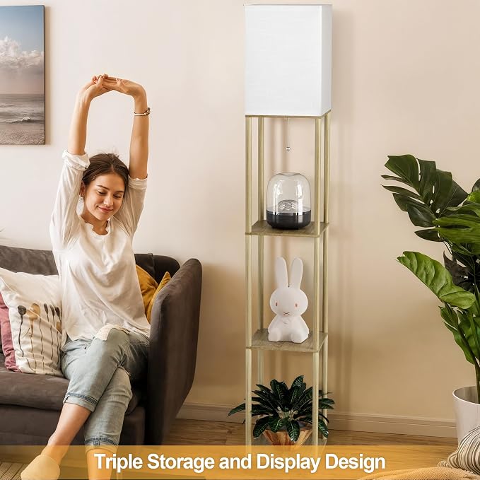 Floor Lamp with Shelves for Living Room Natural Wood 2 Pack, Shelf Floor Lamp with 3 CCT LED Bulb, Corner Display Standing Column Lamp Etagere Organizer Tower Nightstand for Bedroom Office