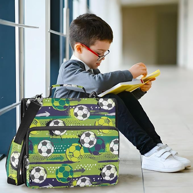 Ball Soccer Green Print Zipper Binder Bag 3 Ring with Shoulder Strap & Handle Multi Pocket Binder Organizer Bag Large Capacity for School Office Supplies