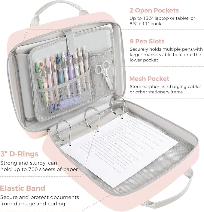 SKYDUE Zipper Binder 3 Inch D-Ring School Binder, Oxford Fabric School Organizer Holds 700+ Sheets, Fits 14" Laptop, Water-Resistant, Handle & Shoulder Strap, 14"x13" – School Supplies, Pink
