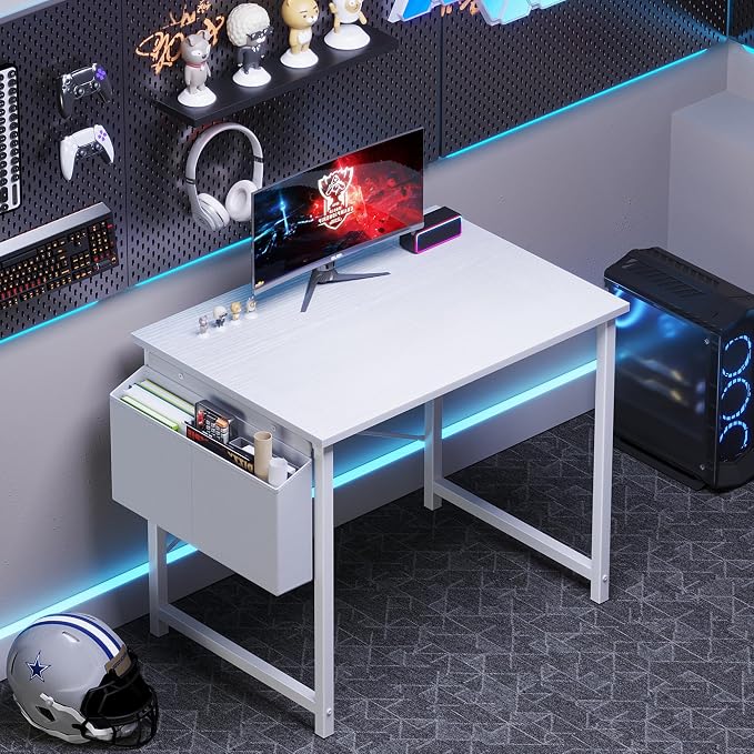 OLIXIS Small Computer Desk, 31 Inch Gaming Desks for Home Office | Writing Study Craft Work Table, Computer Workstation for Bedroom Small Spaces with Storage Bag, All White