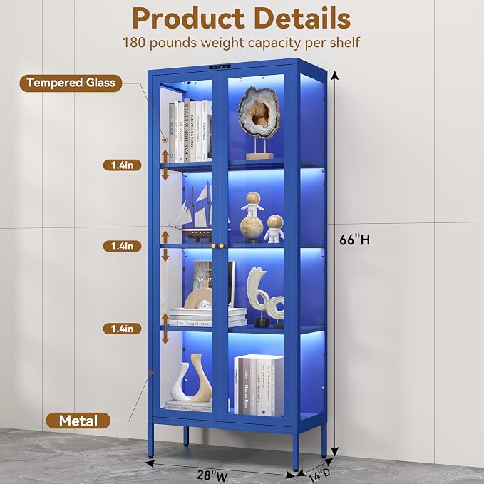 Polup 66" Blue Glass Display Cabinet with 8-Color LED for Collectibles | Metal Frame & Tempered Glass Doors, 3 Adjustable Shelves, Motion Sensor LED,4-Tier Space, for Indoor Plants & Figures
