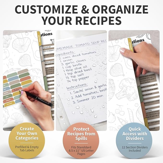 CraftSaints Recipe Binder 8.5x11, 3 Ring DIY Cookbook Kit 12 Dividers & 25 Plastic Sleeves & 25 Recipe Pages & 36 Labels, Recipe Books Binder, Recipe Organizer Binder Kit, Recipe Book (White)