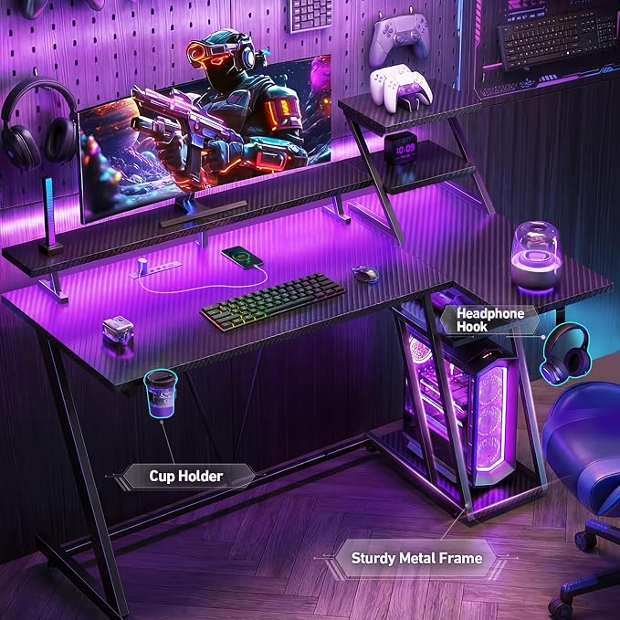 Korfile 47 Inch Gaming Desk with LED Lights & Power Outlet, L Shaped Computer Desk with Storage Shelves, Gamer Workstations with Monitor Stand for Bedroom, Carbon Fiber Black | L Shaped Computer Desk, Gamer Workstations, Storage Shelves, Monitor Stand,...