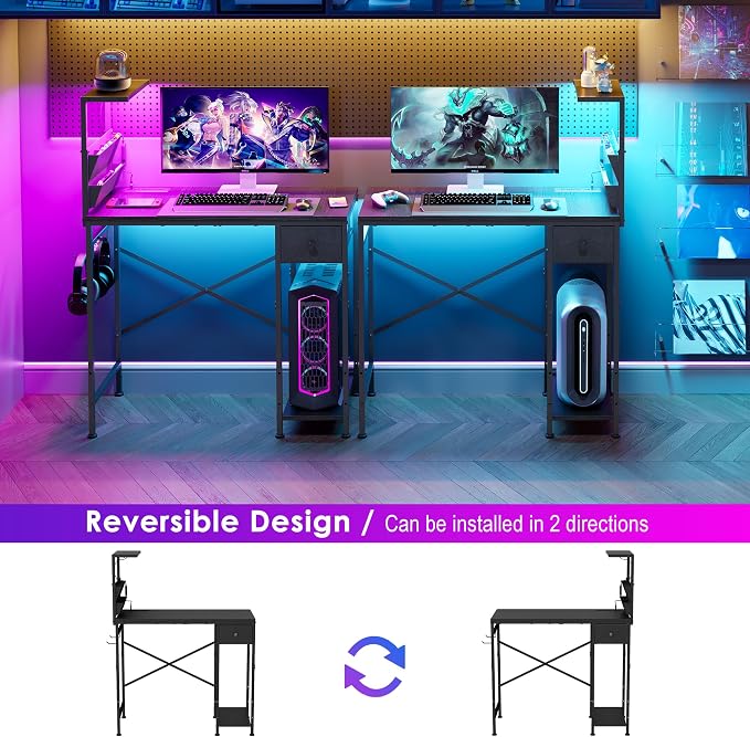 33.7 Inch Small Gaming Desk Table with LED Lights & Power Outlets, Compact L Shaped Gaming Computer Desk with CPU Stand, Drawer & Storage, Corner PC Desk for Kids, Home Office , Bedroom, Black