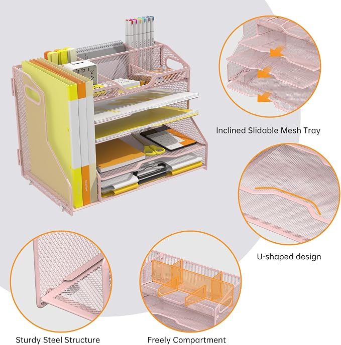 YINGHUA 5-Tier Mesh Desk Organizer and File Holder, Letter Tray - Pink | Sturdy steel mesh with 3 sliding trays, 2 handles, 6 adjustable top sections. U-shaped design for easy access to office files