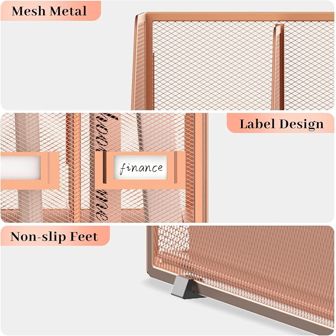 Desk Organizers Metal Desk Magazine File Holder with 5 Vertical Compartments Rack File Organizer for Office Desktop, Home Workspace, Rose Gold