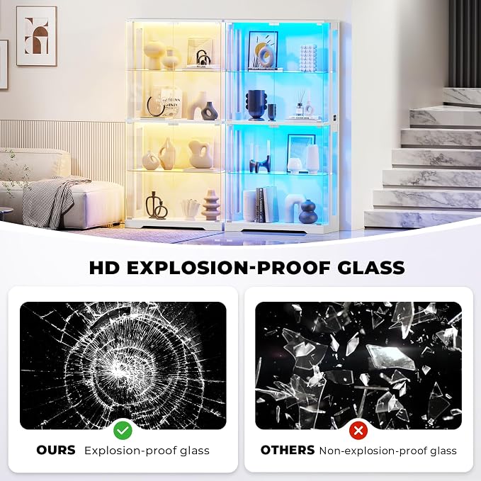Auro Home 4-Tier Display Cabinet with Light White (65" H*31.5" W*13.7" D) | Display Case With Glass Door,Curio Cabinet with 3 color Light&Human Body Sensor,Perfect for Collectibles,Lego,Trophy,Book