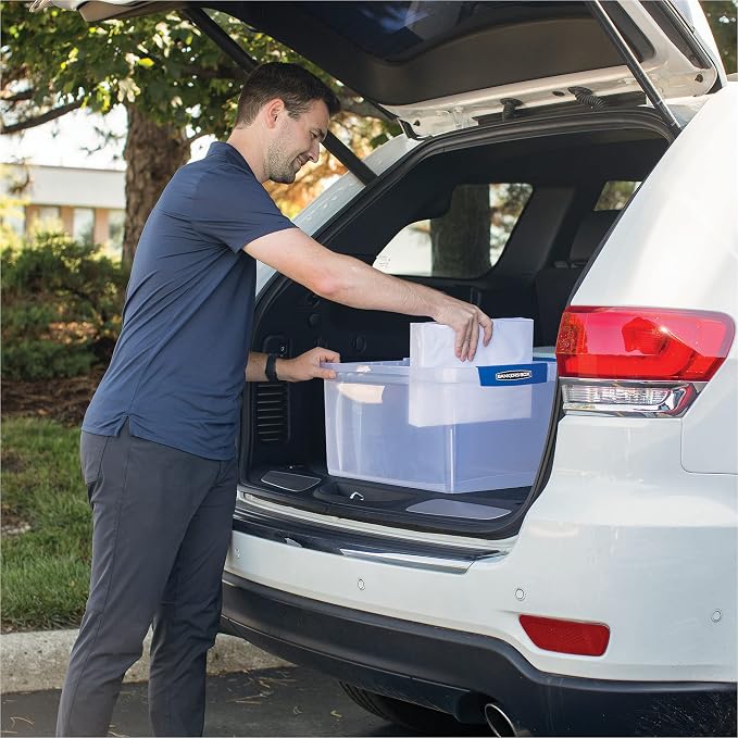 Bankers Box 20-Inch Heavy-Duty Plastic File Box, Letter | Protect letter files in a tough plastic box with hanging rails that keeps documents portable, organized, and secure.