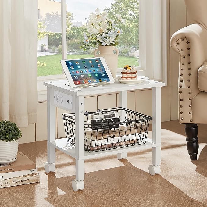 YUFAM 2 Tier Under Desk Printer Stand with Charging Station, White | Wooden Small Printer Table for Home Office, Rolling Printer Cart Shelf with Lockable Wheels