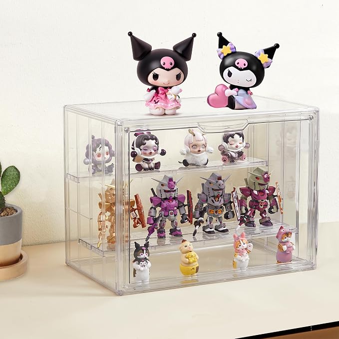 Acrylic Display Case for Collectibles, 4 Tier Figure Display Box | 3 Movable Dividers, Magnetic Door for Easy Access, Clear Showcase, Easy Assembly, Stable Stacking, Wide Handle, Dustproof