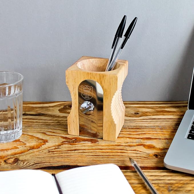 Suck UK Pen Holder - Wooden Pencil Sharpener - Stationary Organiser - Desk Tidy - Quirky Office Desk Accessories - Funny Pencil Pot Novelty Pen Holder - Vintage Teacher Gifts For Men - Light