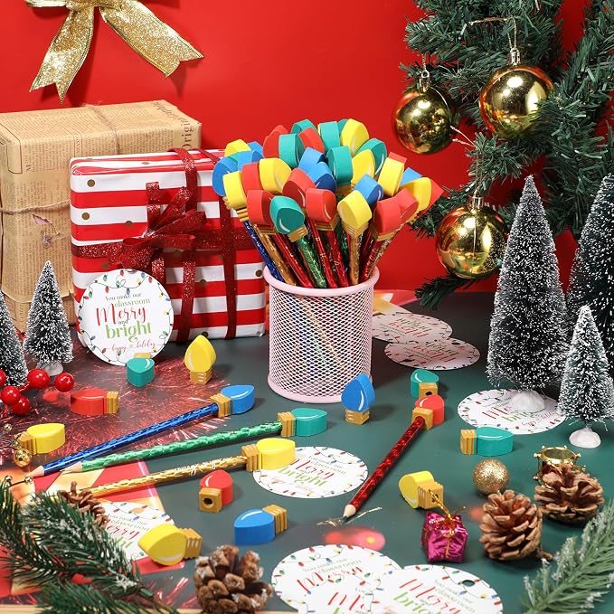 Geyoga Christmas Pencils Erasers Gifts Set with Bulb Eraser Topper, 36 Set