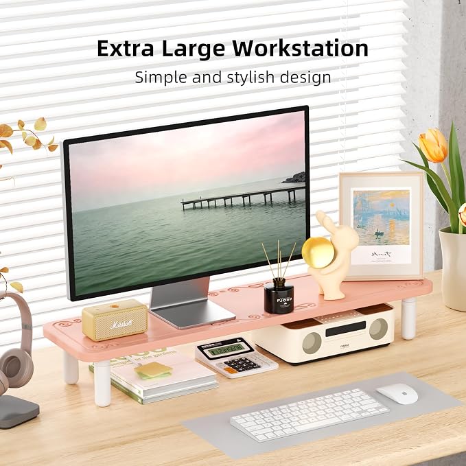 AFOOYO 31.5 Inch Adjustable Monitor Stand Riser, Dual Monitor Stand for Desk, 3 Height Adjustable Computer Stand with Storage, Sturdy Laptop Riser for PC, Laptop, Printer, TV, Pink