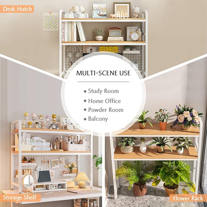 IOTXY 2-Tier Desktop Hutch Bookshelf, Metal Desk Shelf, White, 45.3" W | Steel Frame, 2 MDF Shelves, Grid Panel with 5 Hooks, Fits Over Monitors Up to 27" for Dorm Desks and Home Offices