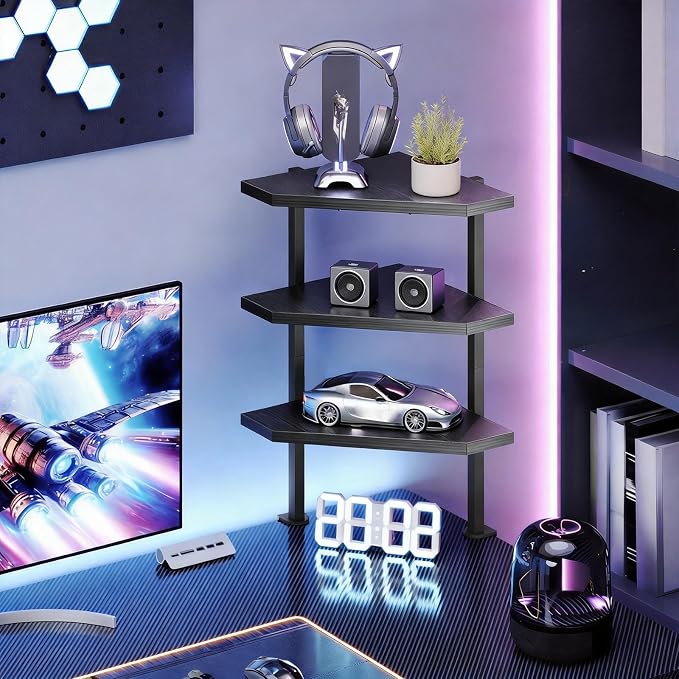 MAHANCRIS Clamp on Desk Corner Organizer, 3-Tier Desktop Shelf, Adjustable Desk Corner Storage Shelf with Metal Frame, for Office, Game Room, Black DSBK5501