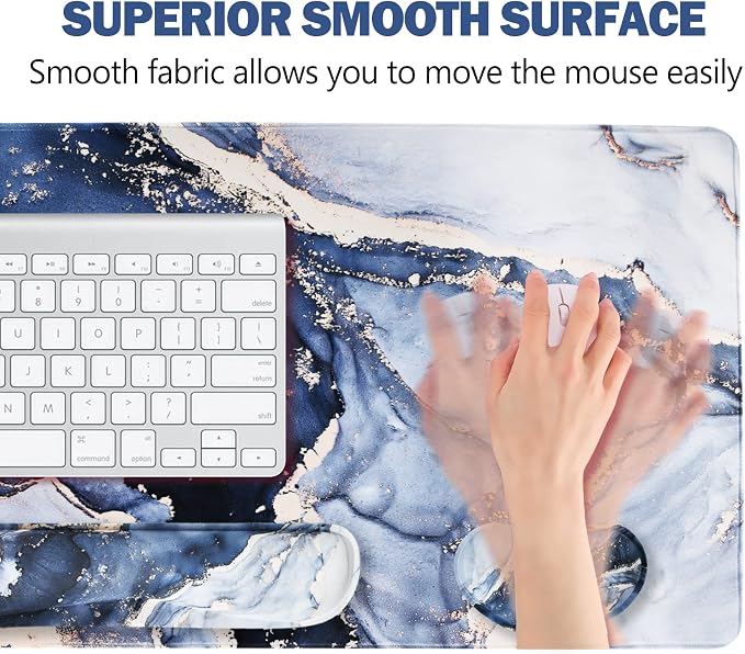 Large Gaming Mouse Pad, Keyboard Wrist Rest Pad & Wrist Support Mousepad Set, Stitched Edge, Extended, Non-Slip Base, Memory Foam,Multifunctional Desk Mat 4pcs for Office & Home, Gilt Marble