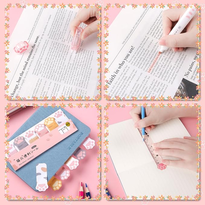 8 Pcs Cute Cat Paw Stationery Set Kawaii School Office Supplies Including Eraser Correction Tape Highlighters Sticky Notes Ruler for Cat Lovers Students (Pink)