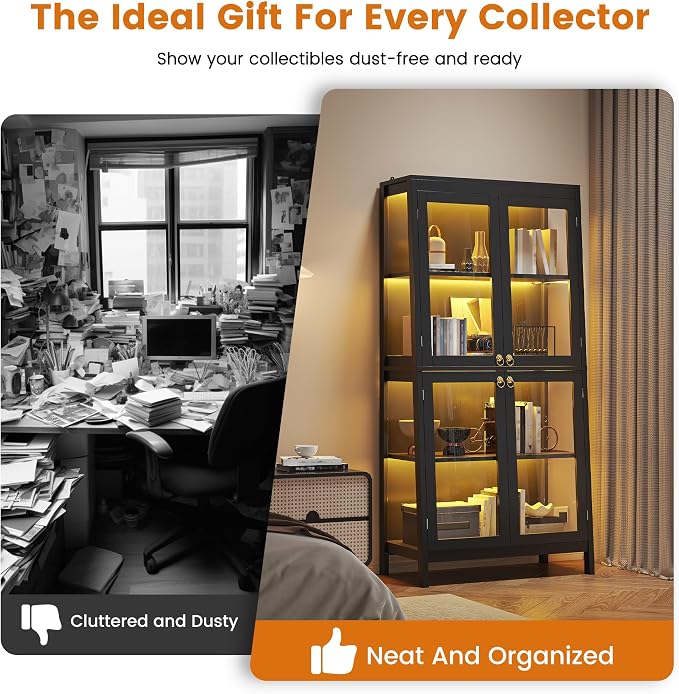 kepptory 65" Glass Display Cabinet with LED Light, Trapezoidal Display Case with 4 Tempered Glass Doors, Curio Storage Cabinet for Collectibles, Figures, Awards, Book and Toy (Black)