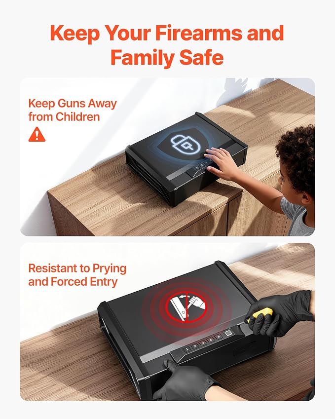 VEVOR Gun Safe, Heavy Duty Handgun Safe with Fingerprint/Password/Key, 3-Way Quick Access Firearm Case Box with Lighting for 2 Pistols & 2 Magazines, Pistol Gun Box for Nightstand Bedside Desk Car