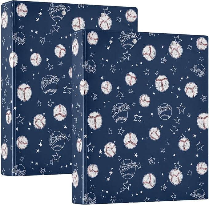 Baseballs and Stars Round Ring Binders 1.5 Inch Softball White Blue Purple 3 Ring Clipboard Binder for Office School Work Supplies File Folder 200 Sheet Capacity 2 Pieces