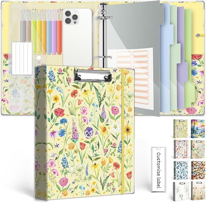 3 Ring Binder 1 Inch, Three Ring Binders Organizer with Clipboard, 5-Tabs Pockets Dividers, Plastic Folder, 18 Divider Stikers, KLLVE Cute Binder with Pen Loop (Garden Party, Letter Size)