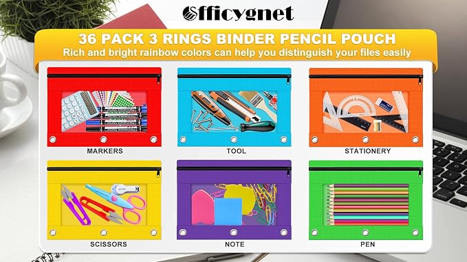 Officygnet Pencil Pouch for 3 Ring Binder, 36 Packs Bulk Zipper Pencil Case in 6 Colors, Pencil Pouches with Clear Window for Storing School Office Supplies, Cloth Pencil Bag for 3 Hole Binder