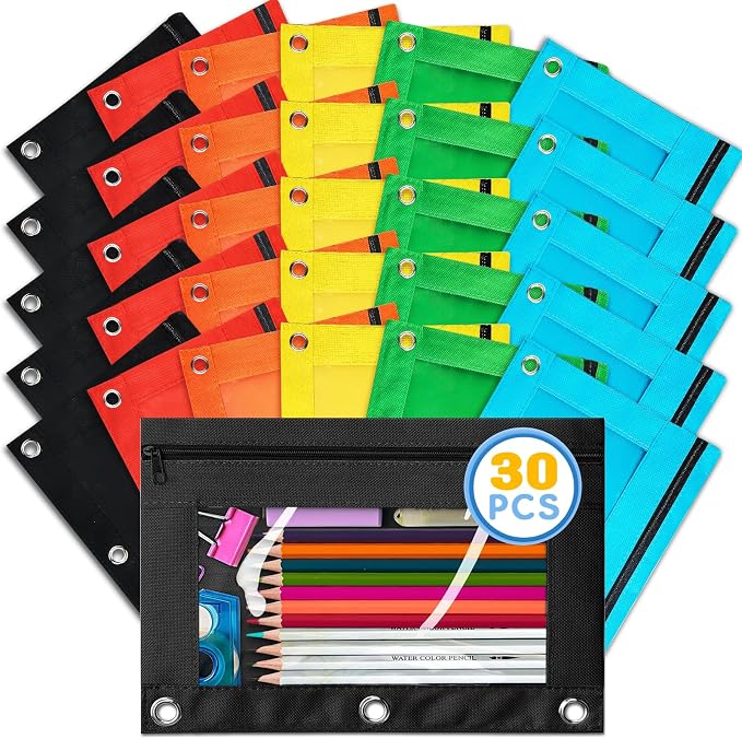 Ochido Pencil Pouch for 3 Ring Binder,Bulk,30 Pack in Assorted Colors,Sturdy and Durable Zipper Pencil Case with Clear Window,3-Hole Binder Cloth Pencil Bag for Storing School Office Supplies | Sturdy Durable Smooth Zipper Pencil Case with Clear Window...