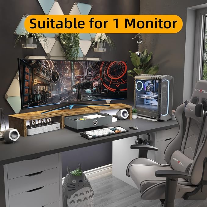 WESTREE Dual Monitor Stand Riser with Drawer, Monitor Stand Riser for 2 Monitors, Adjustable Length and Angle, 2 Solts for Phone & Tablet, Desktop Organizer Stand for Computer/Laptop/PC/Printer