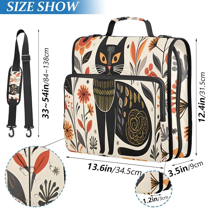 MNSRUU 3 Ring Binder Bag, 2 Inch D-Rings Easily Organizes 1 Inch Fits Letter Sized Paper, Black Cat Flowers Large 3 Hole Zipper Binder Organizer for School Office Supplies